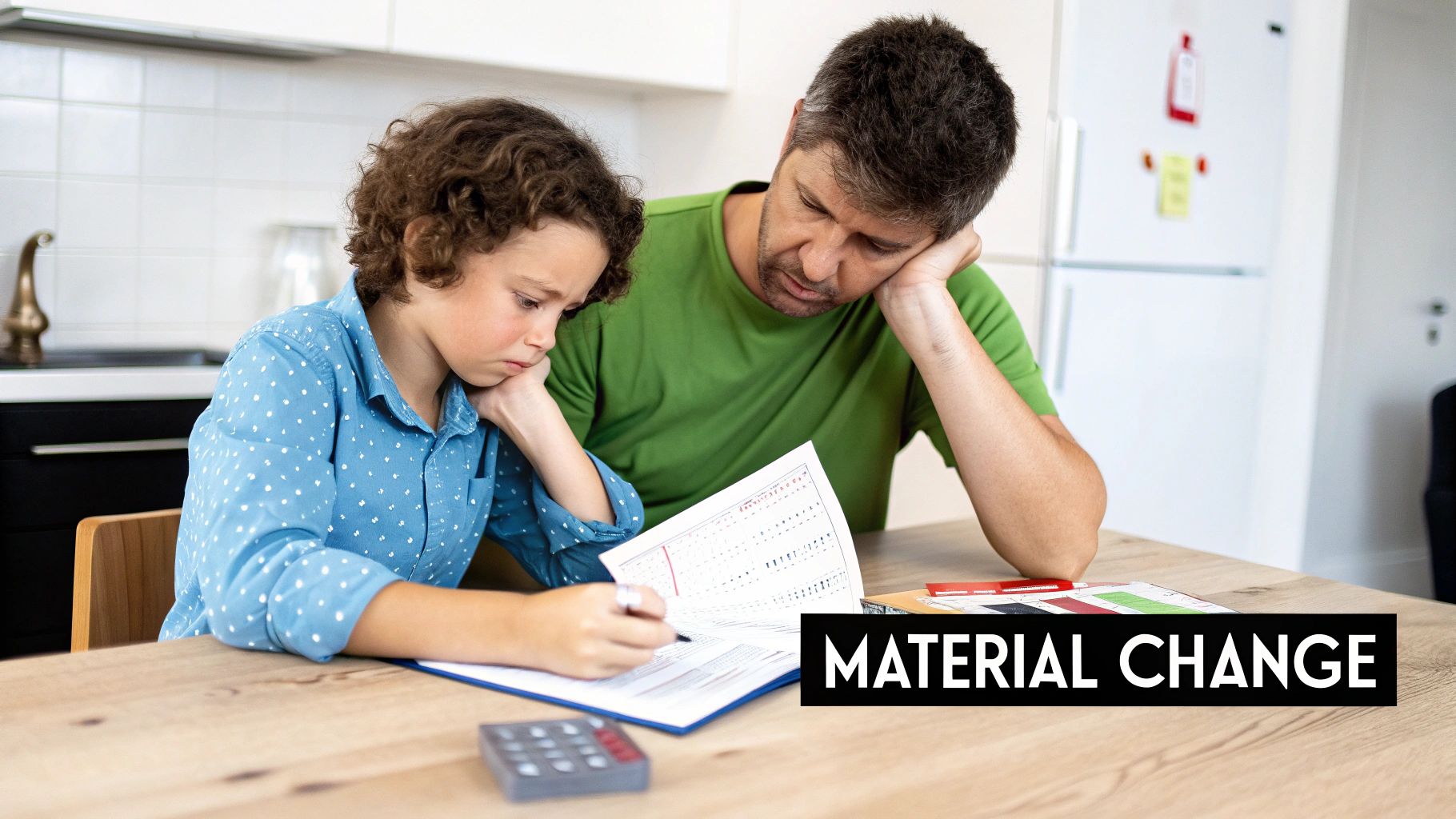 A concerned father and son review important documents at a table, with a calculator nearby, indicating a serious discussion.