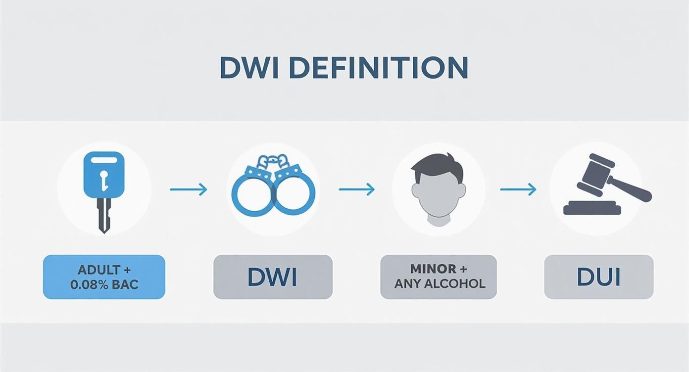 DWI definition infographic illustrating differences between adult DWI (0.08% BAC) and minor DUI (any alcohol), featuring icons of keys, handcuffs, a person, and a gavel.