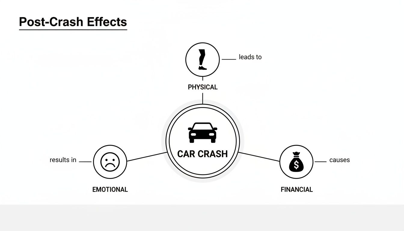 A diagram illustrating the post-crash effects of a car crash, covering physical, emotional, and financial impacts.