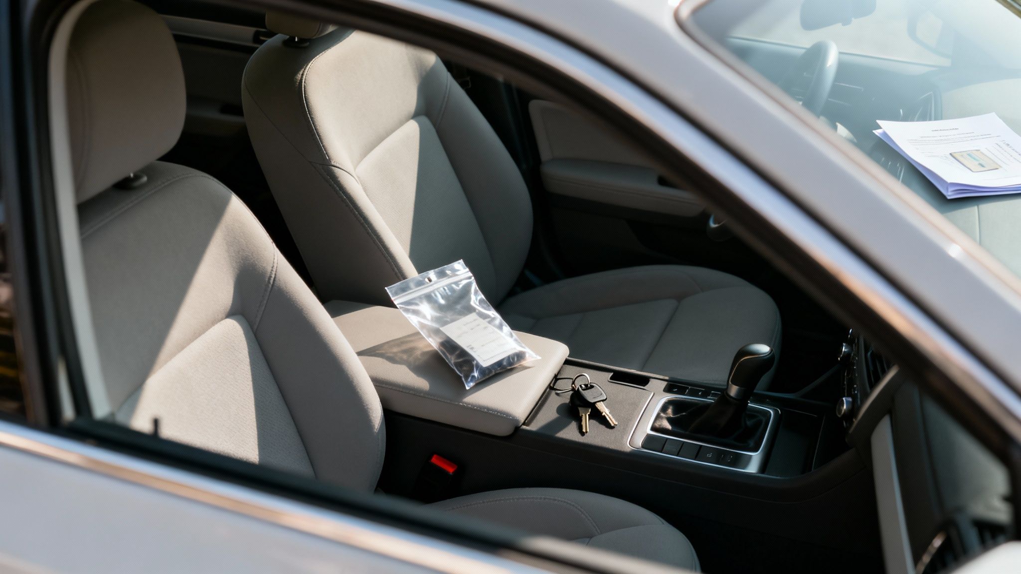 Car interior with a clear plastic bag containing marijuana on the center console, highlighting potential possession issues under Texas law.