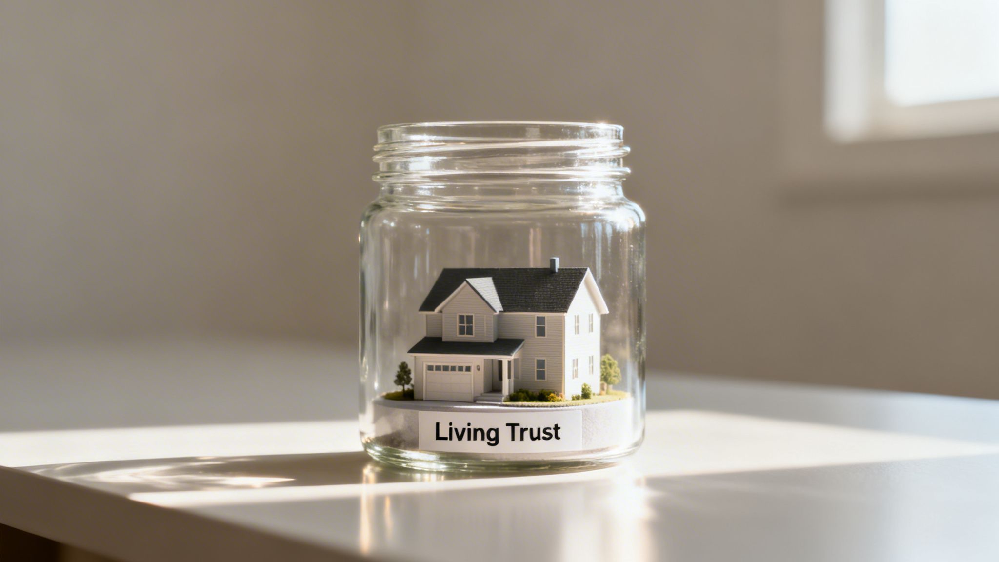 Miniature house inside a glass jar with a 'Living Trust' label on a white surface.