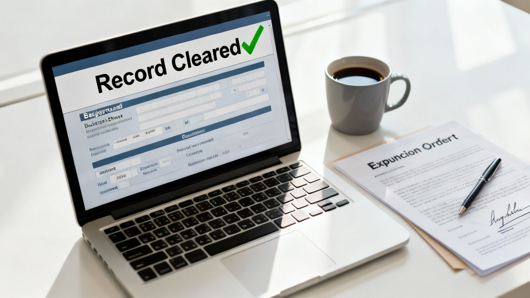 Laptop displaying "Record Cleared" with a background check form, coffee cup, and signed Expunction Order document on a desk.