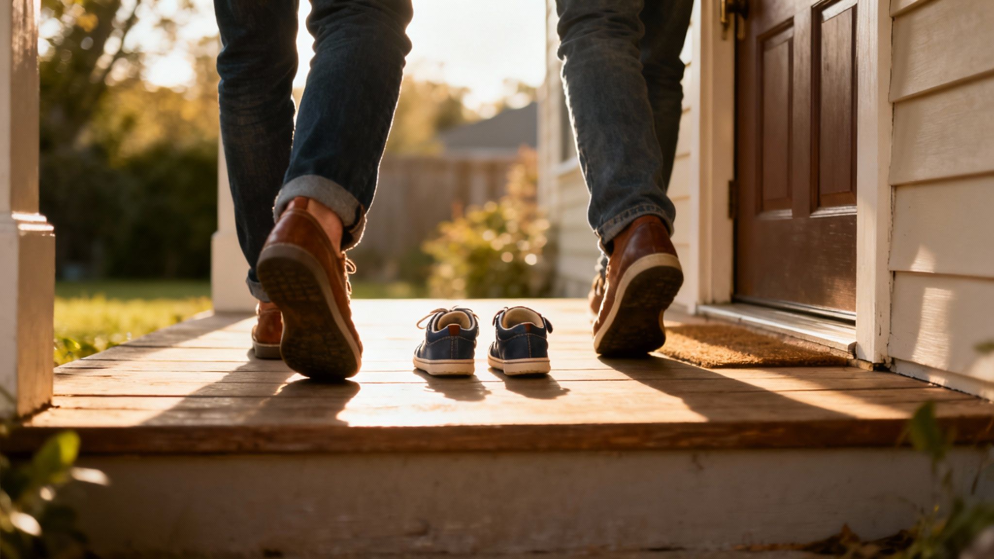 Parents' feet on a porch with baby shoes, symbolizing a new family home.
