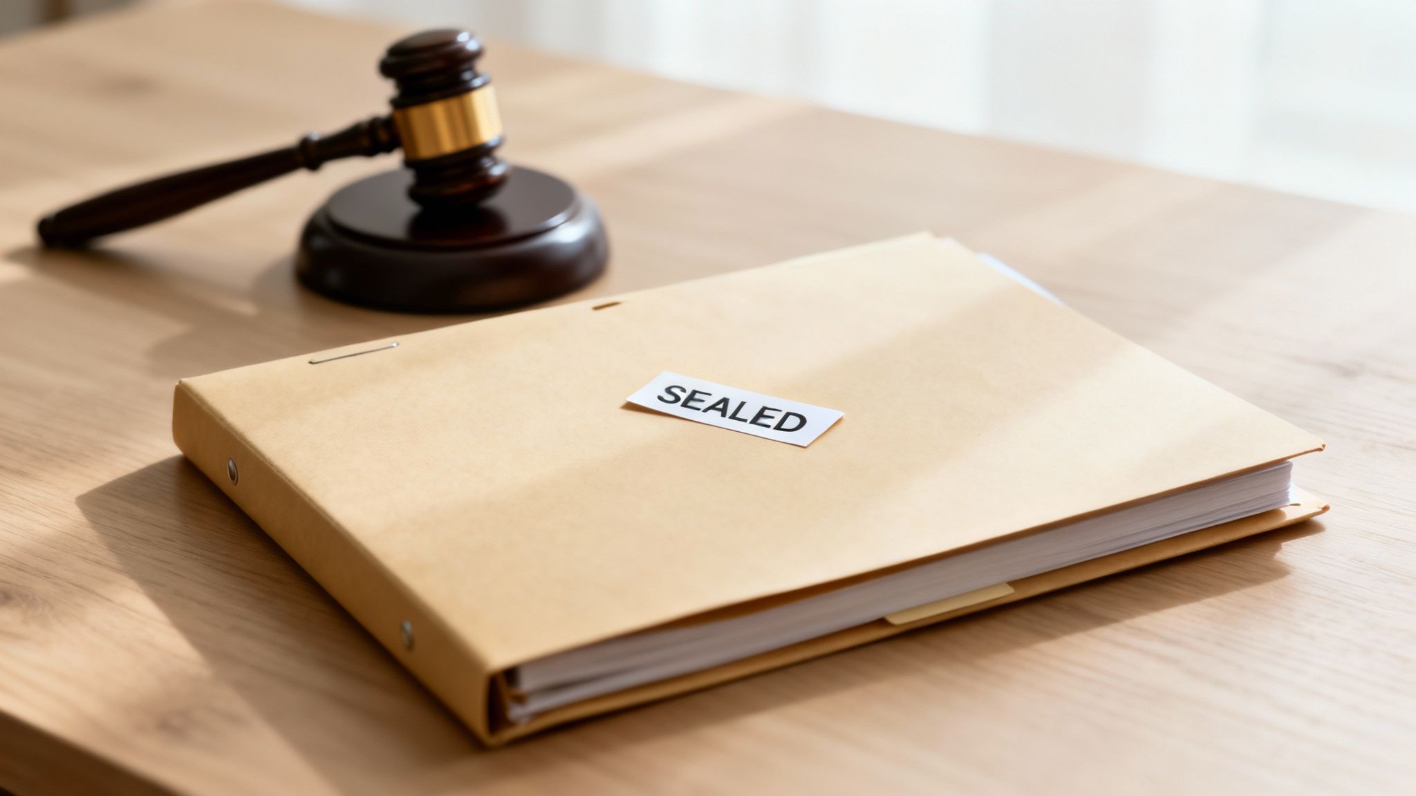 A brown folder labeled "SEALED" next to a judge's gavel on a light wooden table.