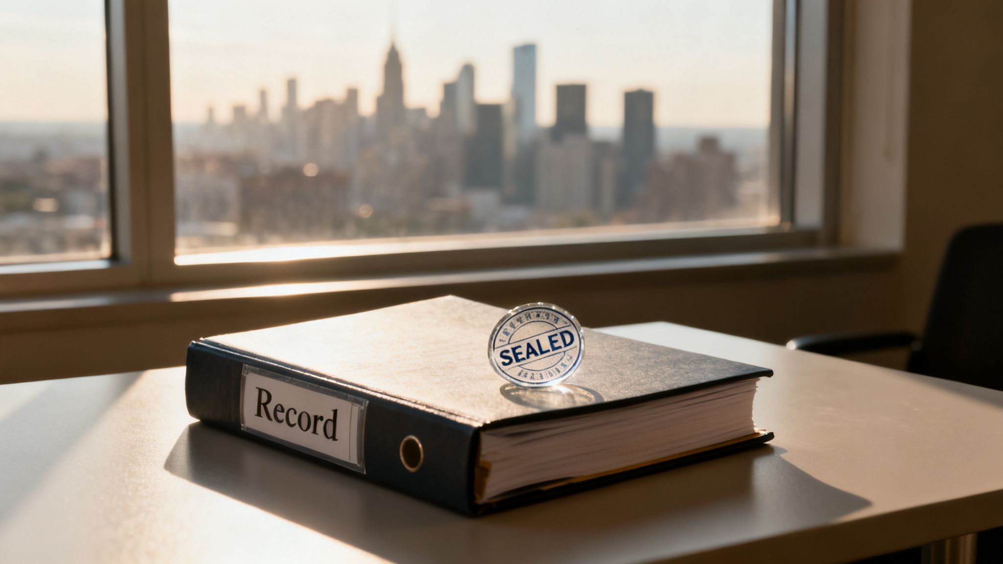 A black binder labeled 'Record' with a 'Sealed' stamp on a desk overlooking a city skyline.