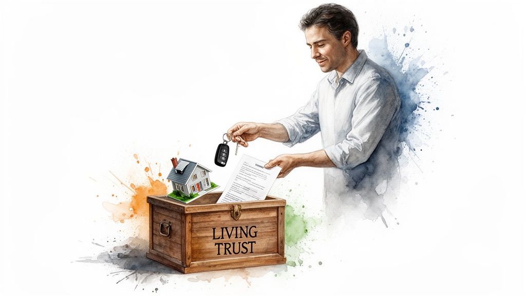 Man places miniature house, car keys, and documents into a wooden 'Living Trust' box.