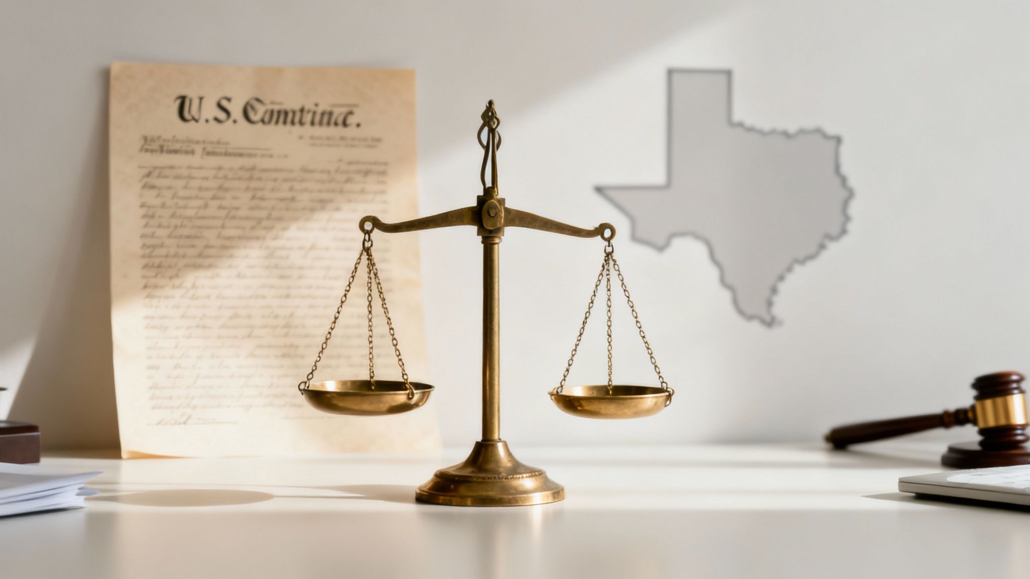 Scales of justice symbolizing legal balance, with U.S. Constitution document and Texas outline in background, representing constitutional rights and motions to suppress evidence in criminal defense.