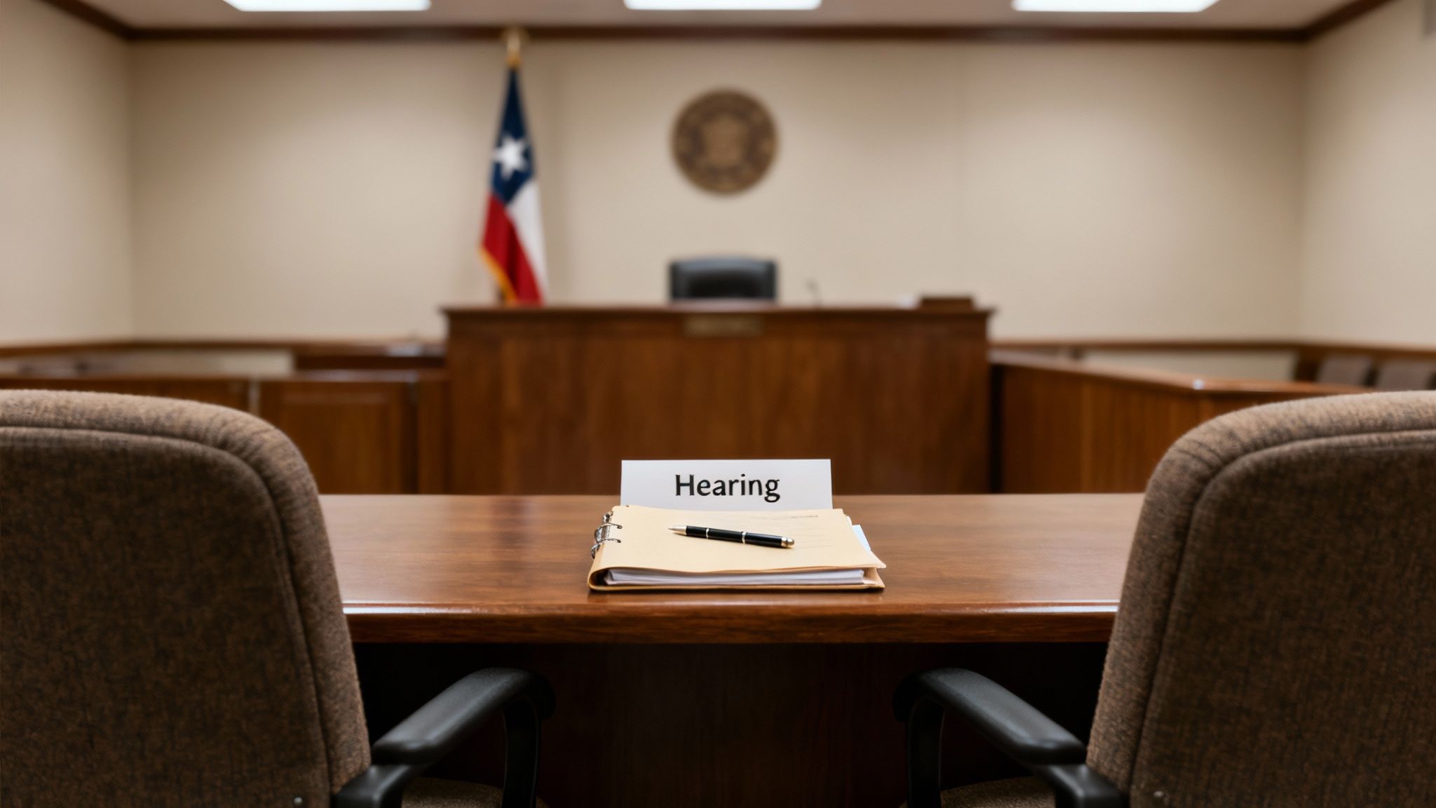 A courtroom interior with a 'Hearing' sign, a pen, and a file on a wooden table.