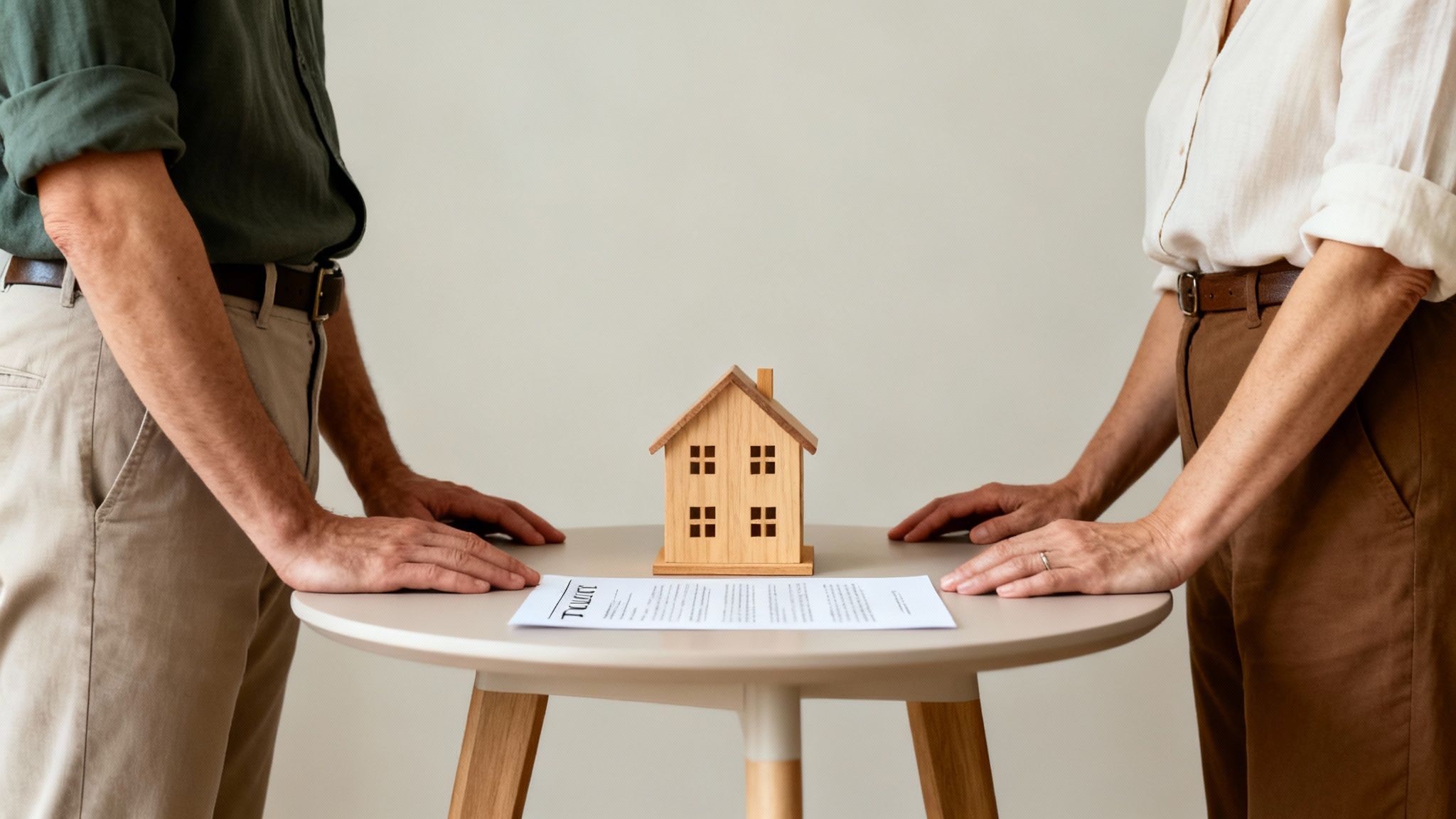 A man and a woman stand opposite a house model and a trust document on a table.