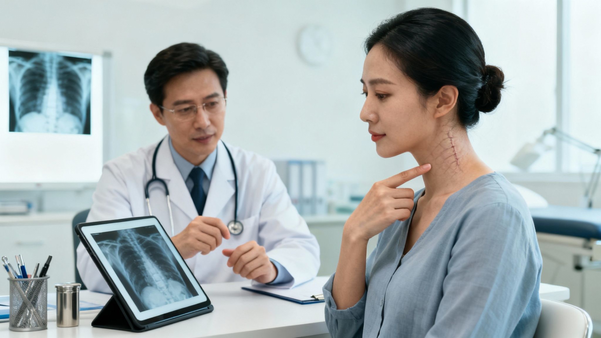 A doctor discusses medical images with a female patient pointing to a scar on her neck.