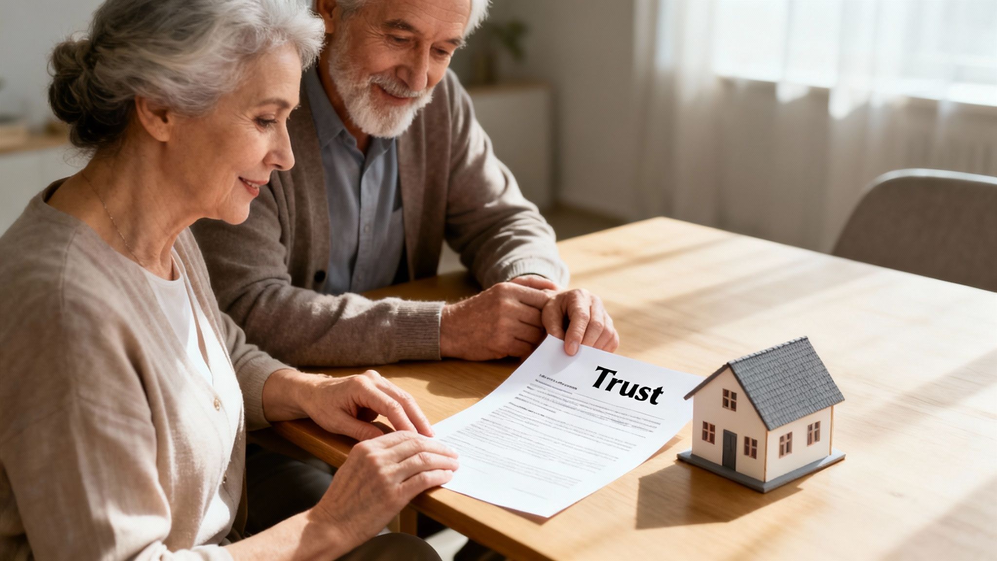 Elderly couple reviewing a trust document with a miniature house model on a table, emphasizing asset protection strategies in Texas Medicaid planning.