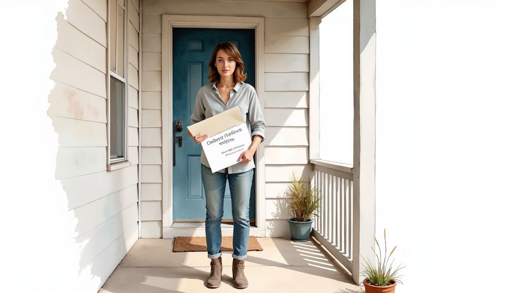Woman standing on porch holding divorce papers, emphasizing the importance of responding to divorce petitions in Northeast Houston.
