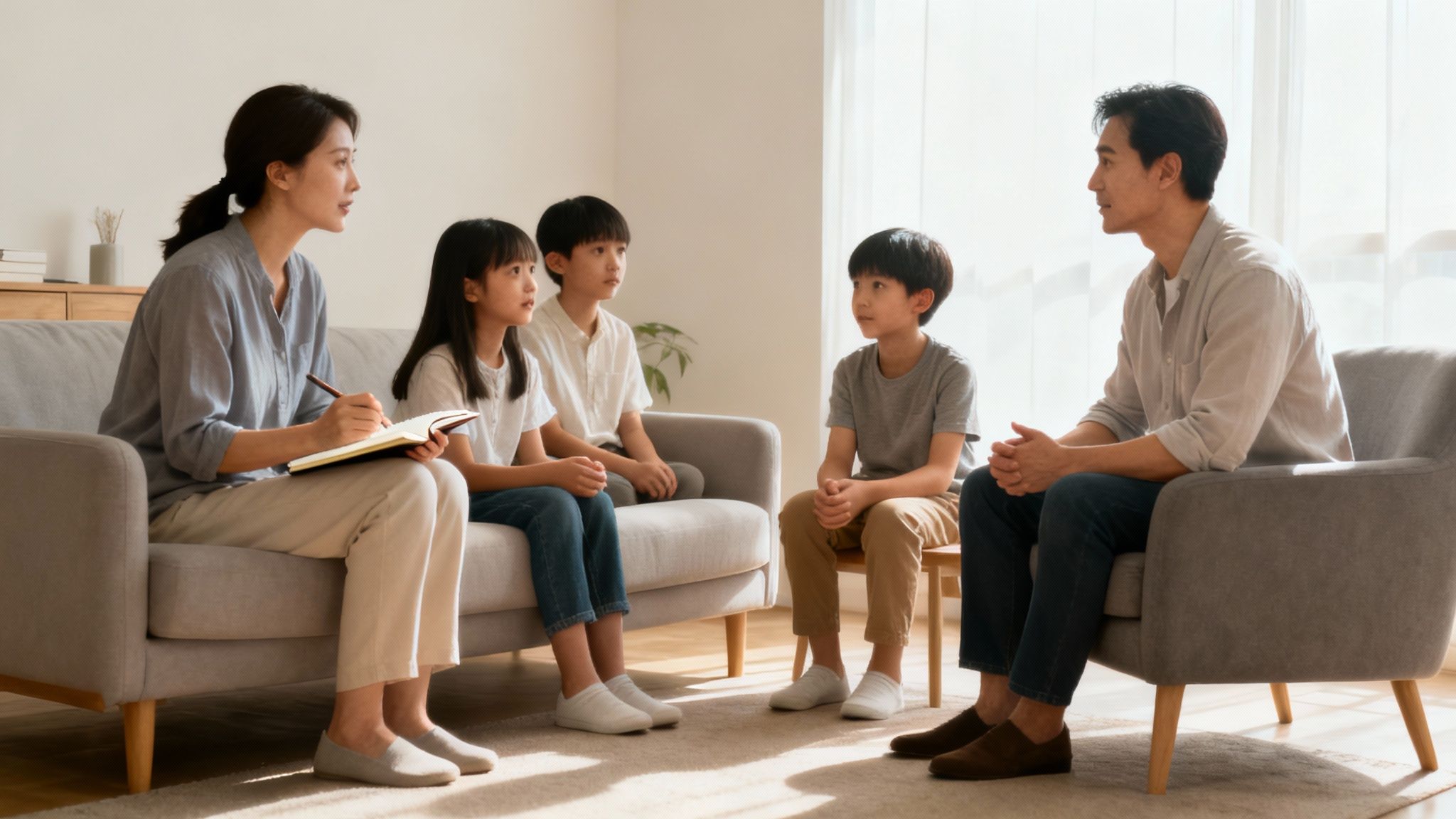 A family having a thoughtful, positive conversation around a dining room table, symbolizing open communication in estate planning.