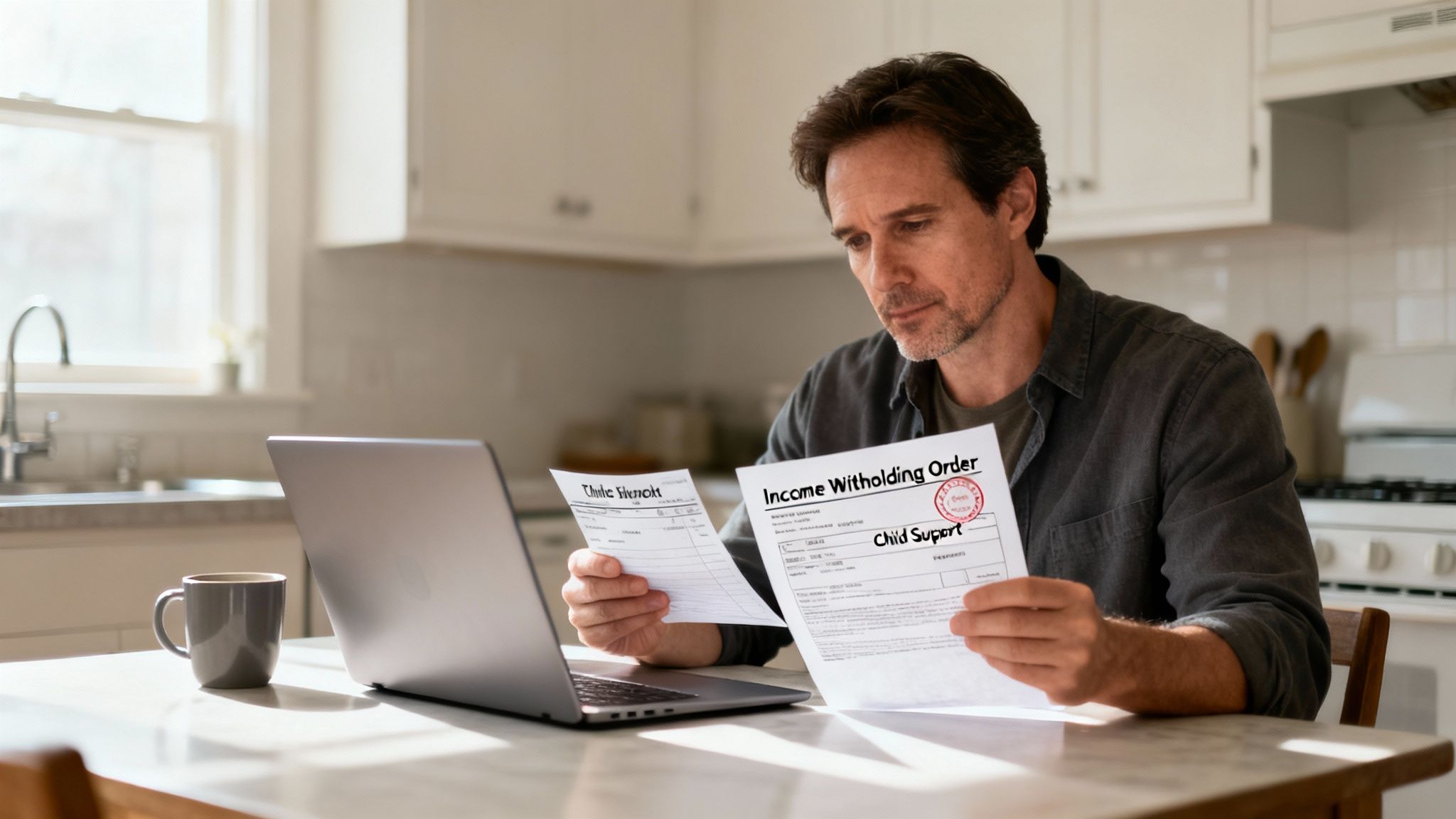 A man in a kitchen reads an income withholding order for child support with a laptop.