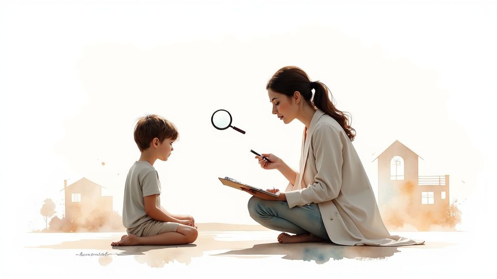 Child and adult engaged in conversation, child sitting on the floor, adult holding clipboard and pen, discussing child's needs, symbolizing Guardian Ad Litem role in Texas family law.