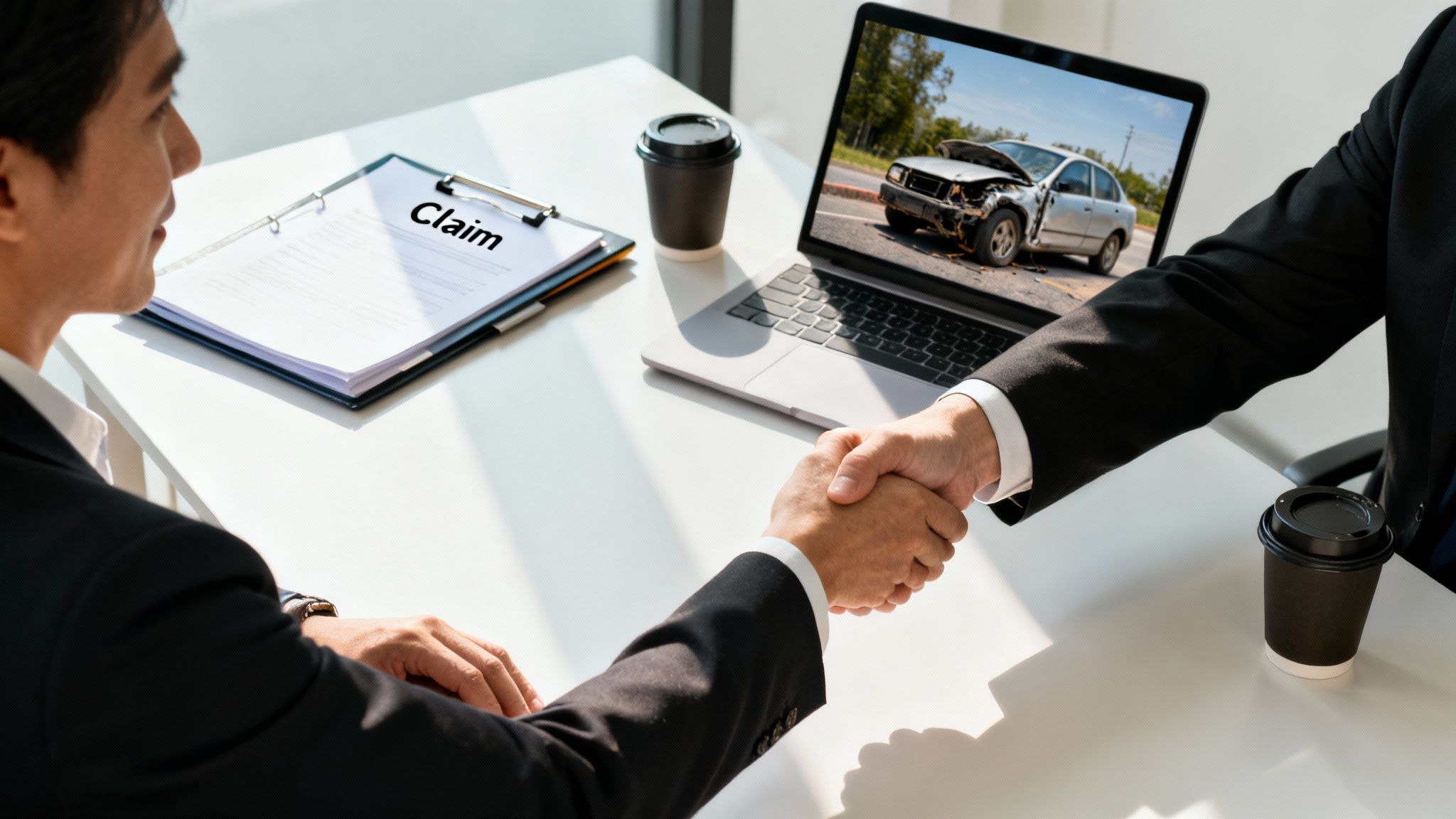 Two businessmen shaking hands at a desk, with a laptop showing a wrecked car and a 'Claim' document.