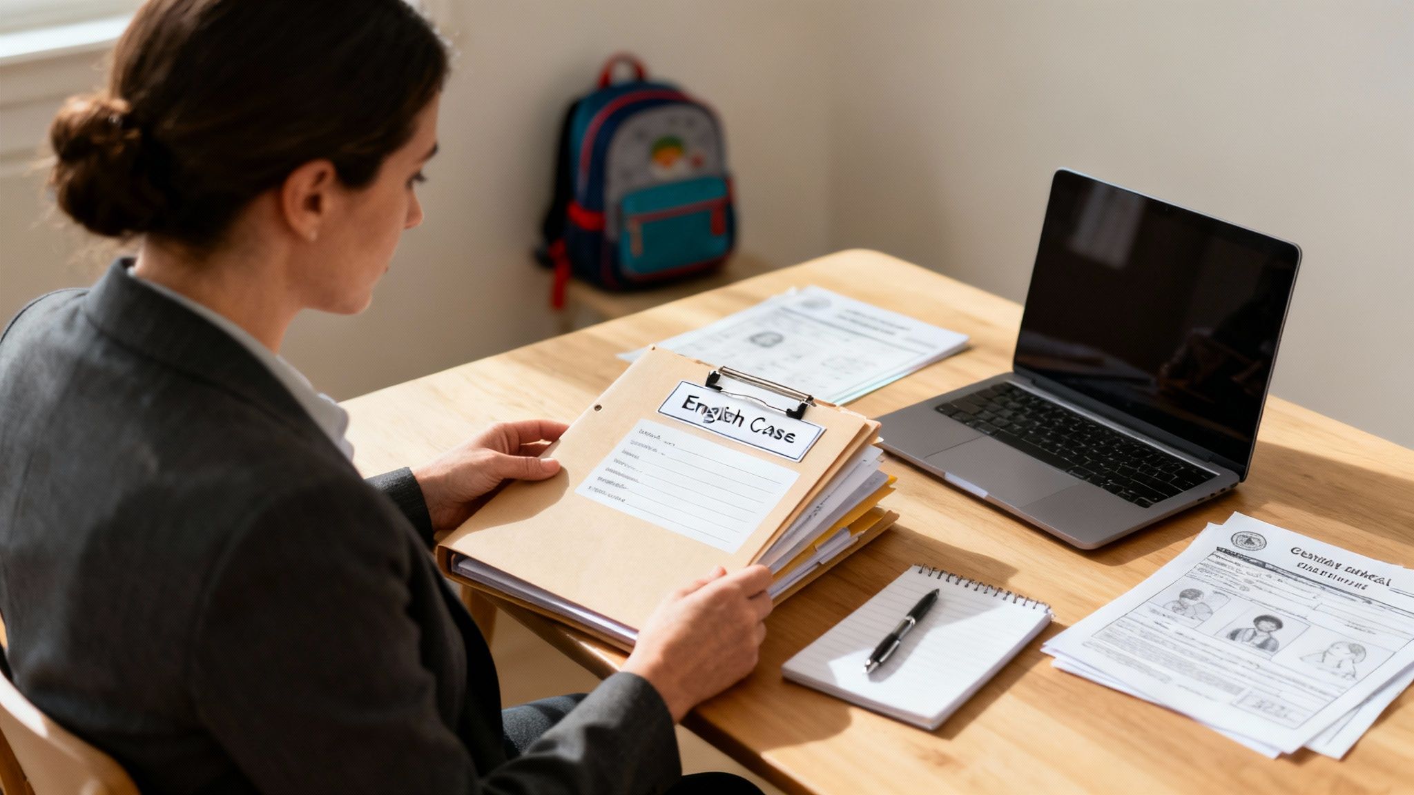 A person reviews documents in a folder labeled 'English Case' at a wooden desk with a laptop.