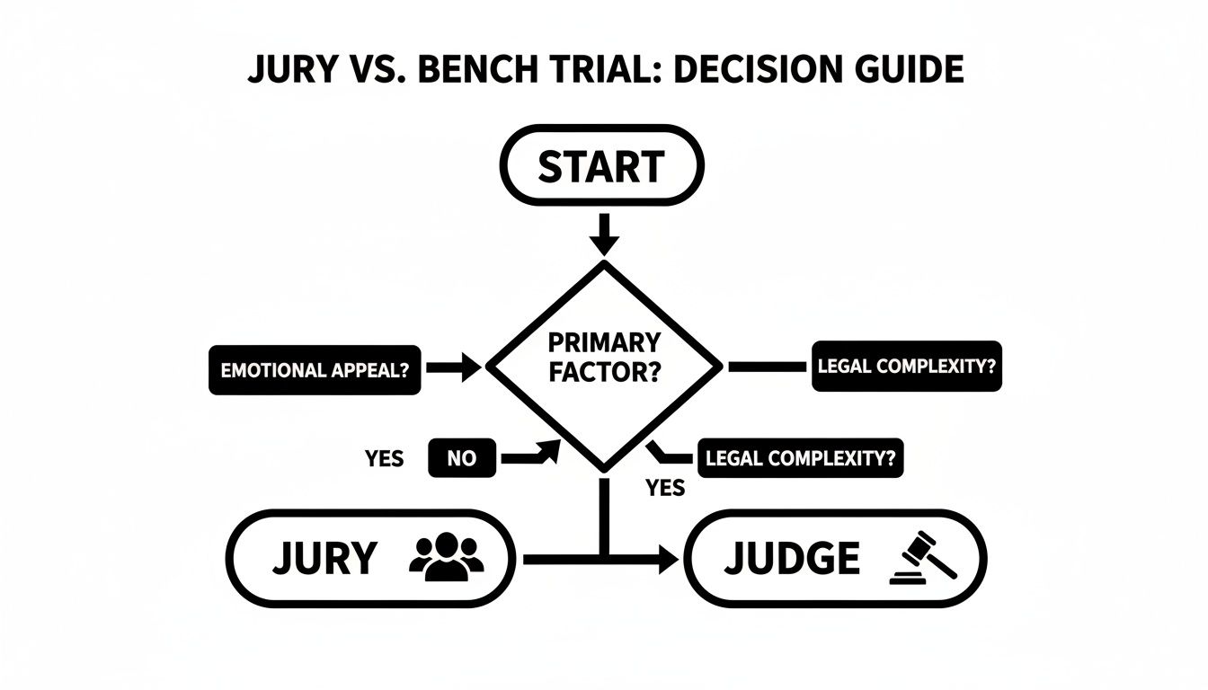 Flowchart guides jury vs. bench trial decision based on emotional appeal or legal complexity factors.