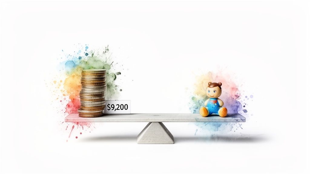 A balanced scale showing a stack of coins labeled $9,200 on one side and a baby doll on the other, representing child support.