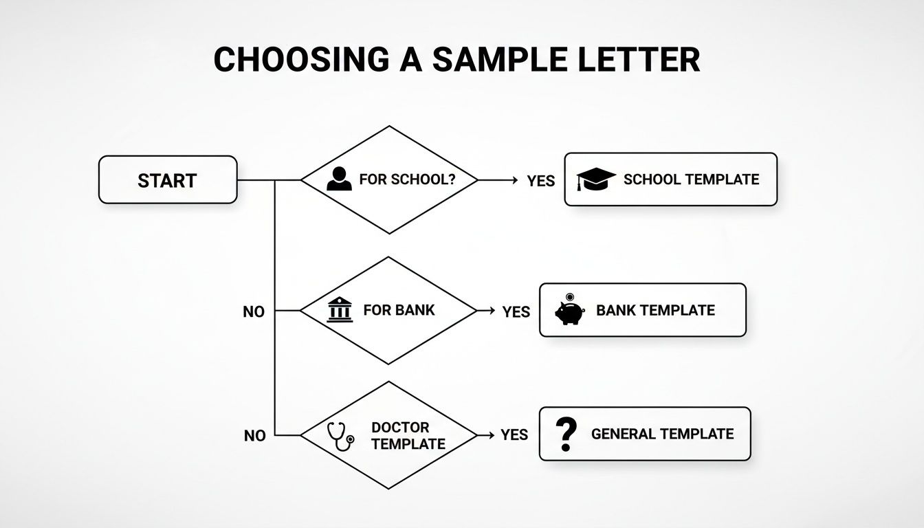 Flowchart for choosing a sample letter template, with decisions for school, bank, and general options.