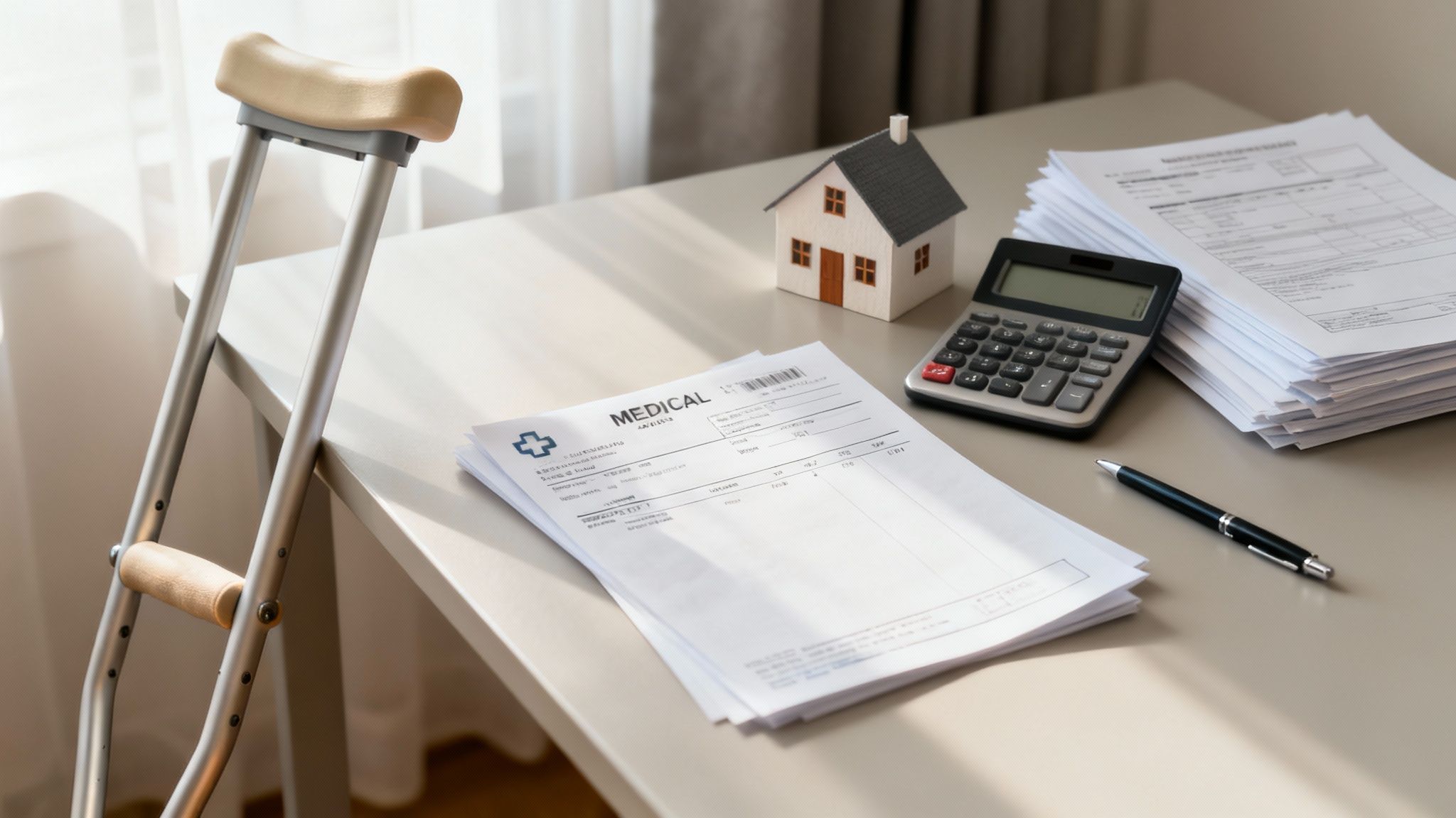 Medical bills, crutches, calculator and house model representing injury accident financial documentation and expenses
