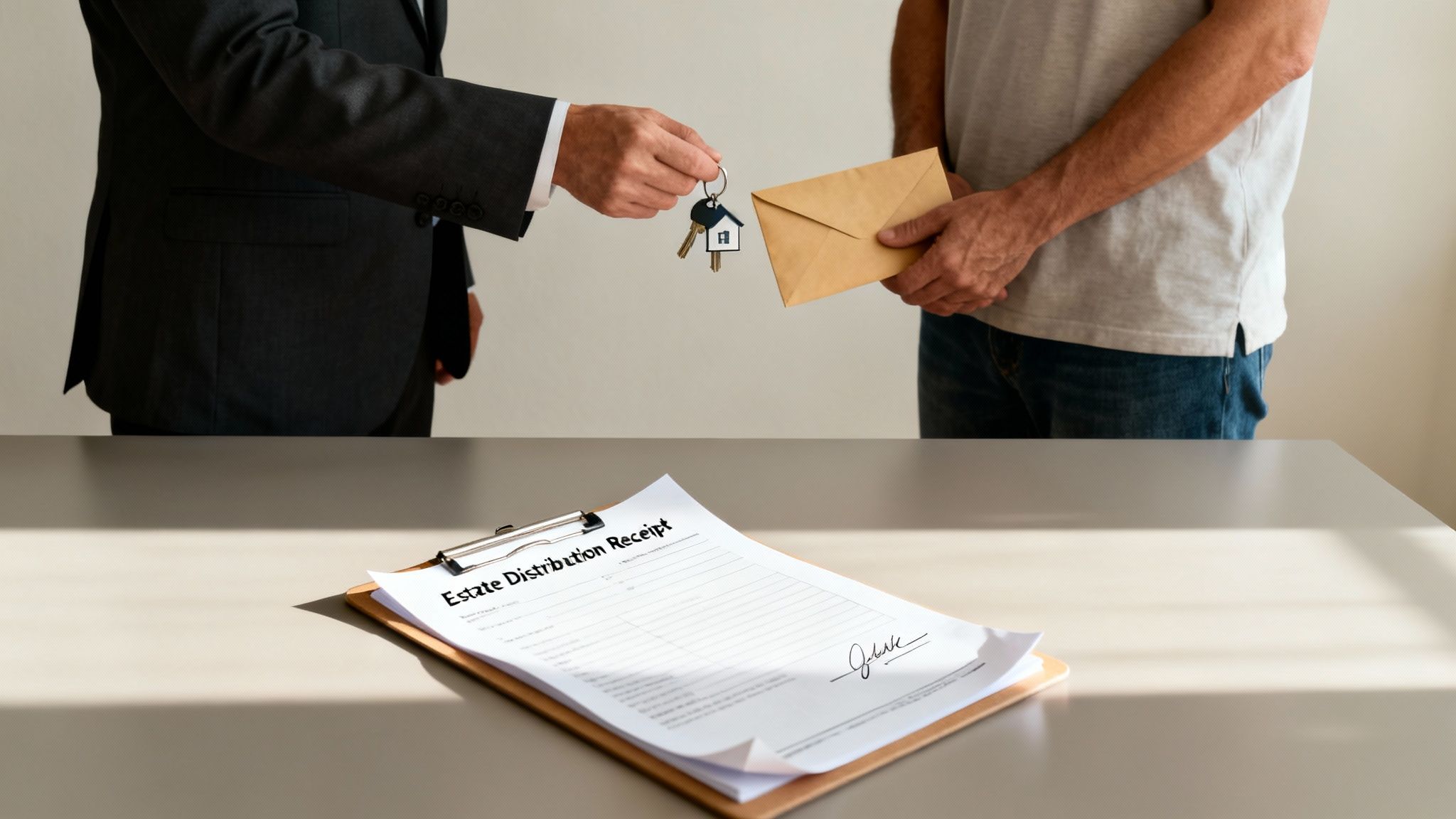 A person in a suit hands house keys to another, with an 'Estate Distribution Receipt' on a clipboard.