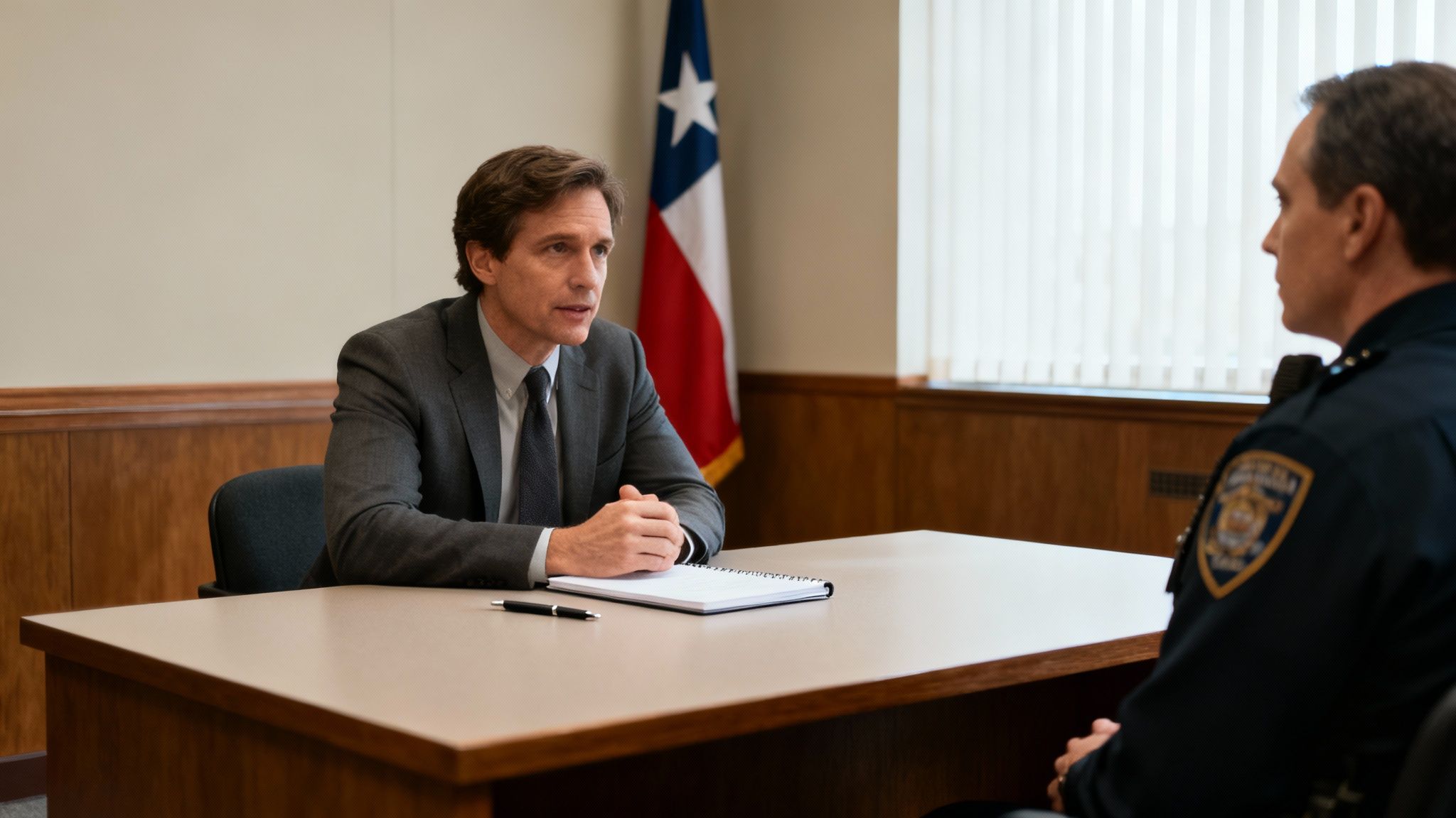 Lawyer consulting with police officer in a Texas courtroom setting, emphasizing legal strategy for DWI defense.