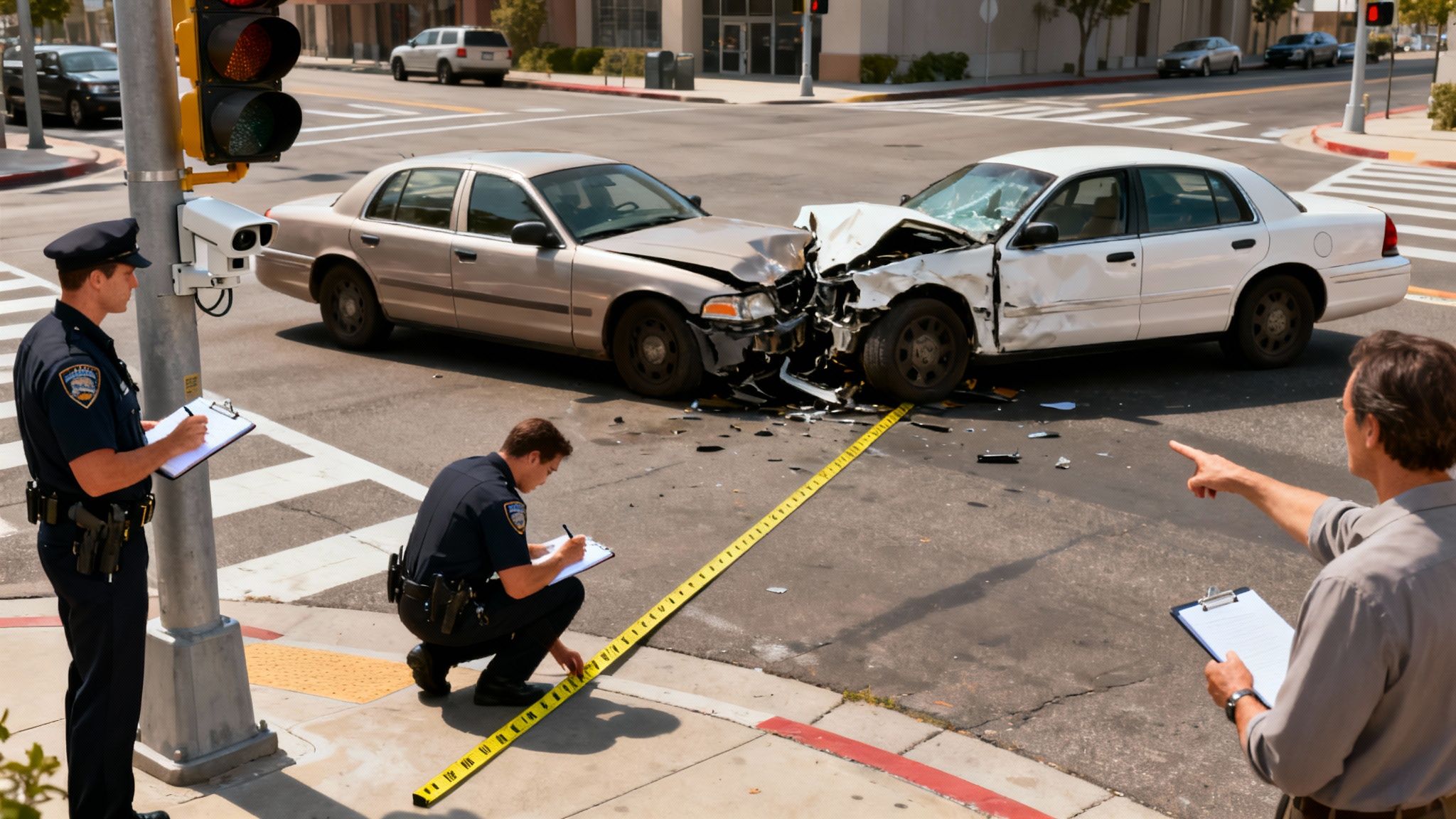 Police officers investigate a two-car collision at an urban intersection, with one officer measuring the scene.