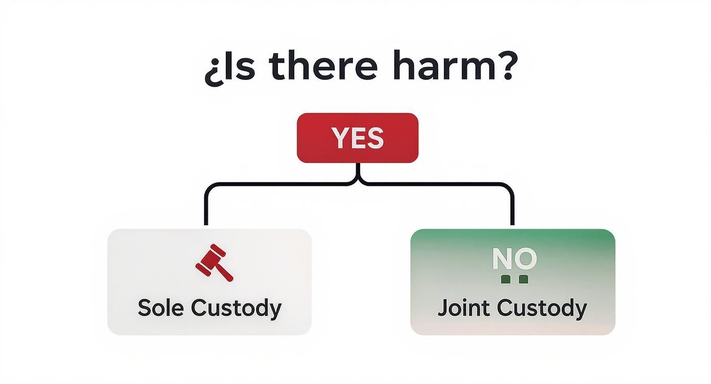 Infographic decision tree asking if there is harm to the child, leading to either sole custody or joint custody.