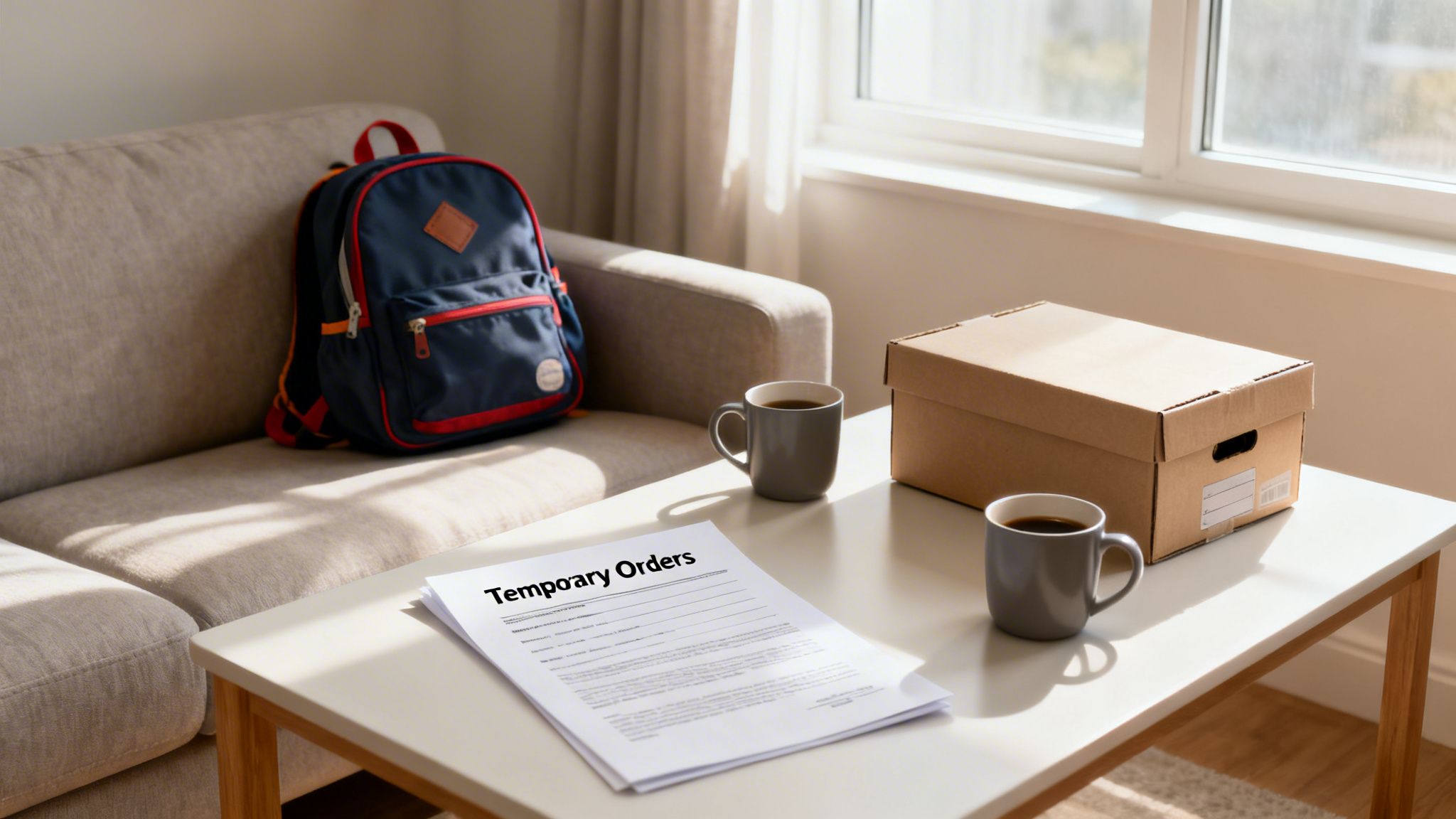A document titled "Temporary Orders" sits on a coffee table with coffee mugs, a box, and a backpack.
