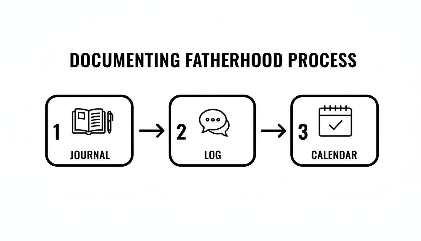 A step-by-step diagram illustrating the fatherhood documentation process with journal, log, and calendar.