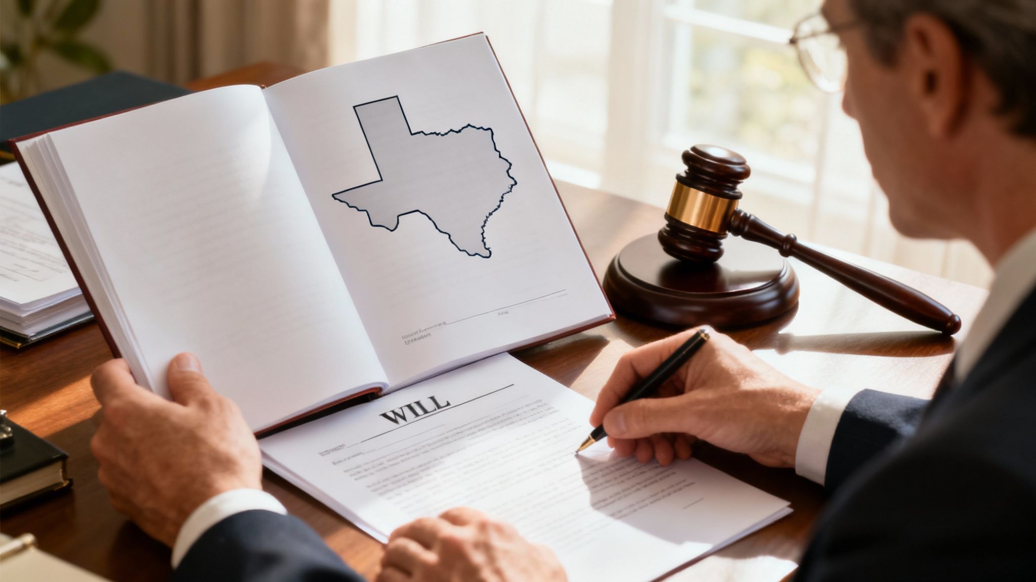 Person reviewing a will document with Texas outline and gavel, emphasizing the probate process in Texas.