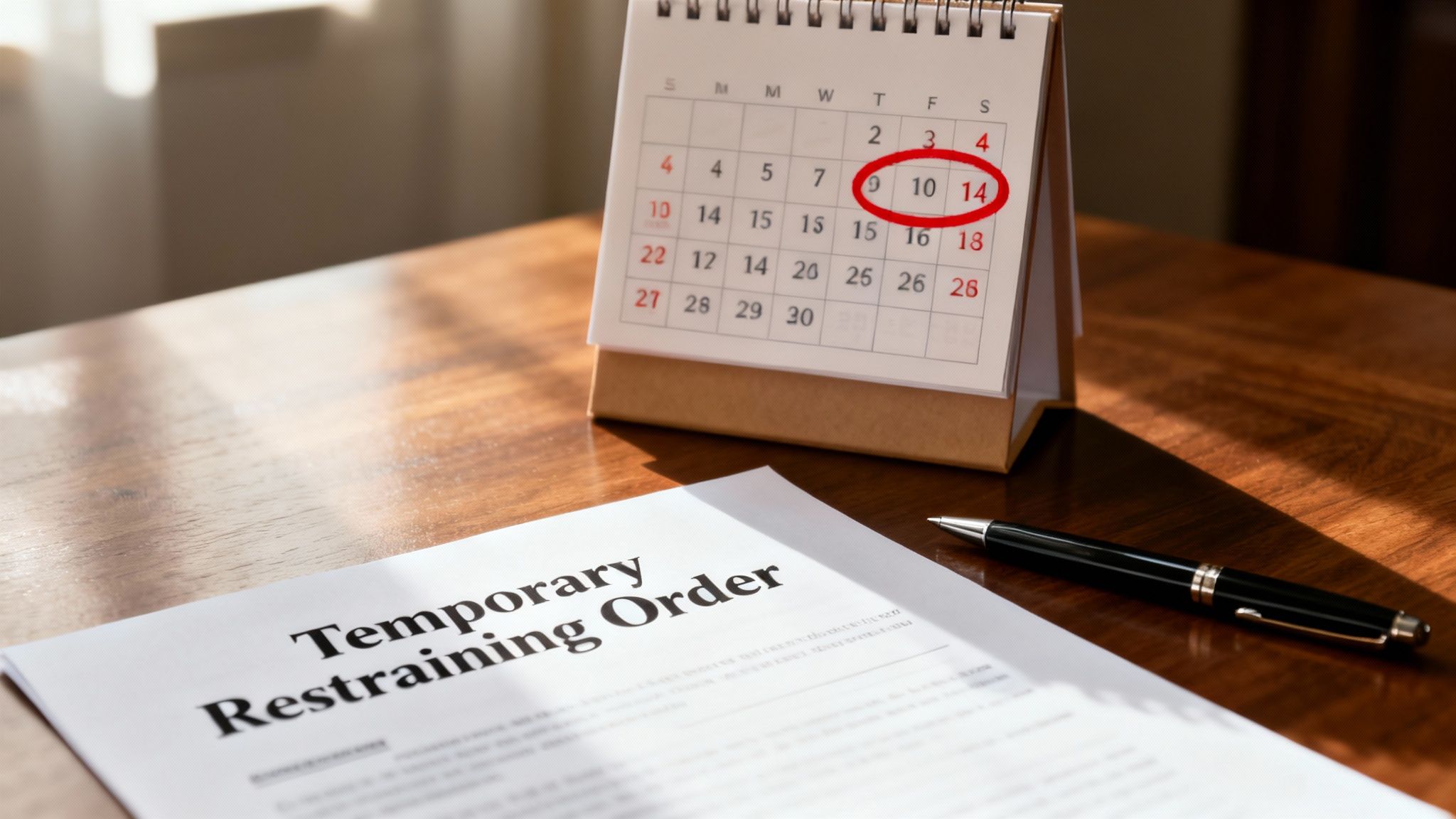 A temporary restraining order document, calendar with circled dates, and a pen on a wooden desk.