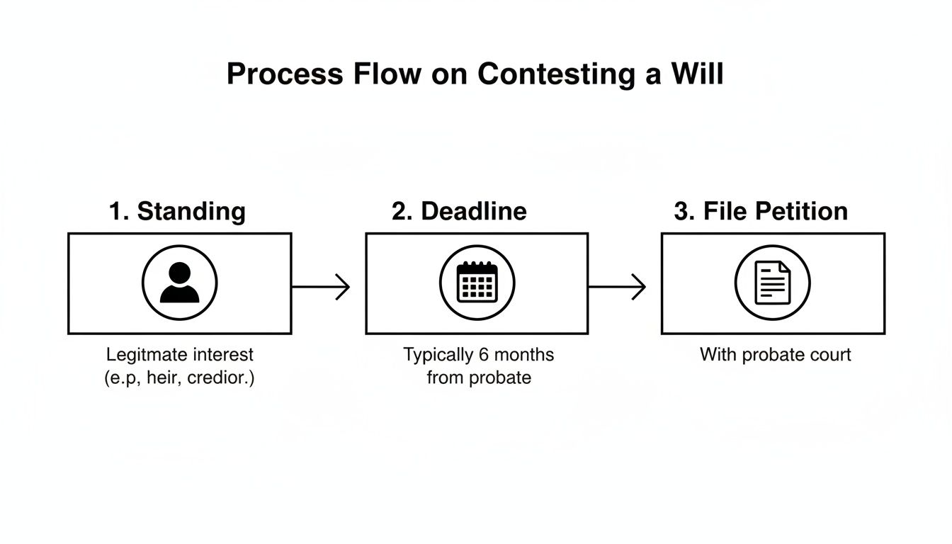 Process flow diagram illustrating steps for contesting a will: 1. Standing with a person icon, indicating legitimate interest (e.g., heir, creditor); 2. Deadline with a calendar icon, typically six months from probate; 3. File Petition with a document icon for filing in probate court.