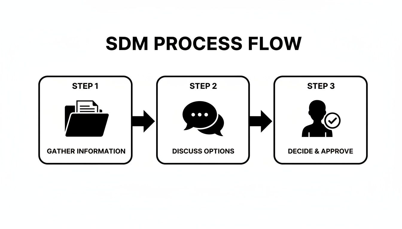 A three-step SDM process flow outlining gather information, discuss options, and decide & approve stages.