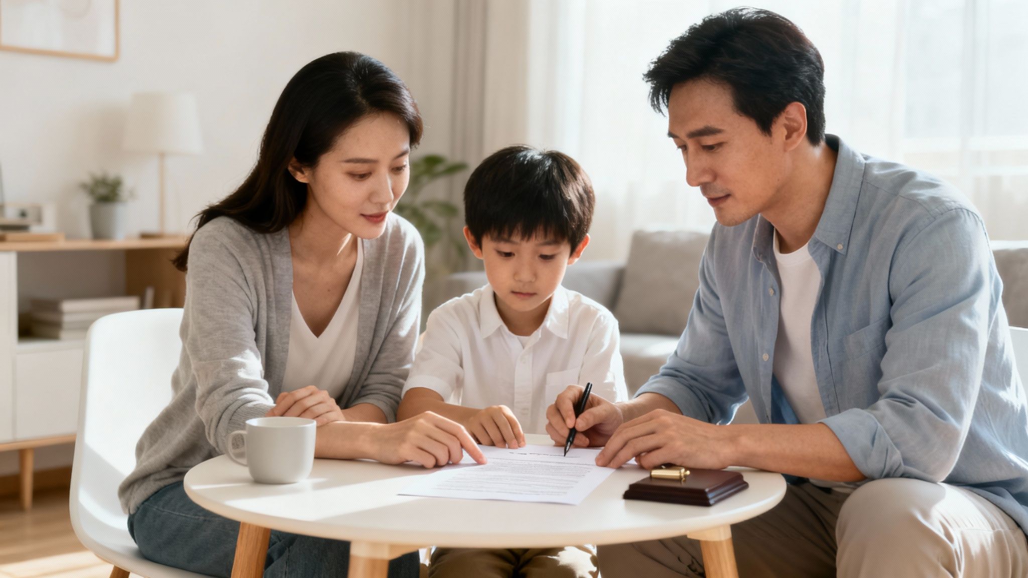 Familia asiática, padres e hijo, sentados en una mesa, revisando y firmando un documento importante.