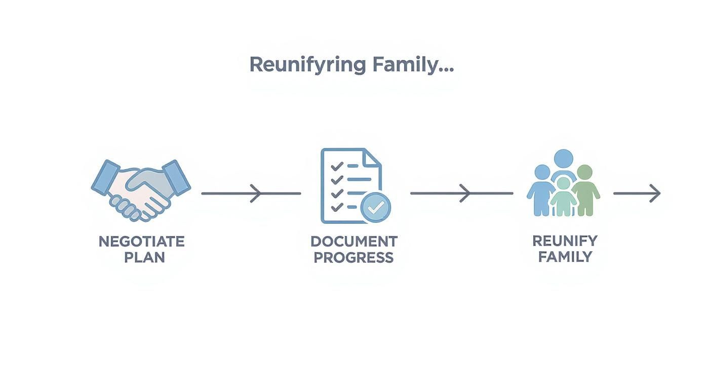 Infographic timeline showing the process of reunifying a family, with icons for negotiating a plan, documenting progress, and reunifying the family.