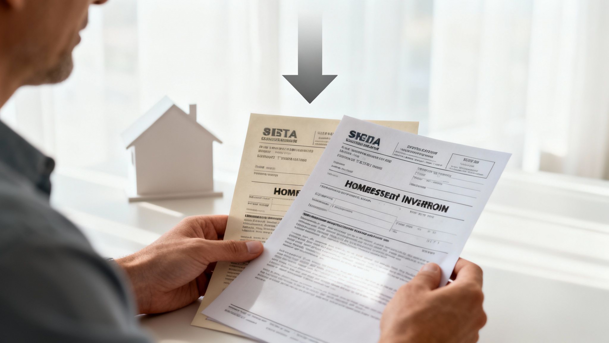 Person reviewing homestead exemption documents with a small house model in the background, illustrating Texas property tax benefits.
