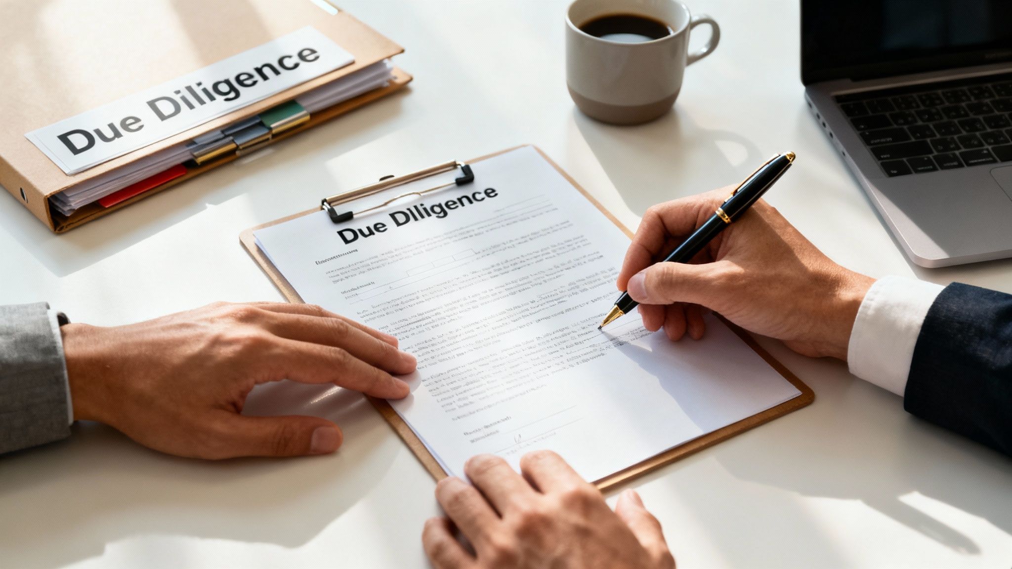 A person signing official tax and legal documents at a desk, indicating the final stages of a business transfer.