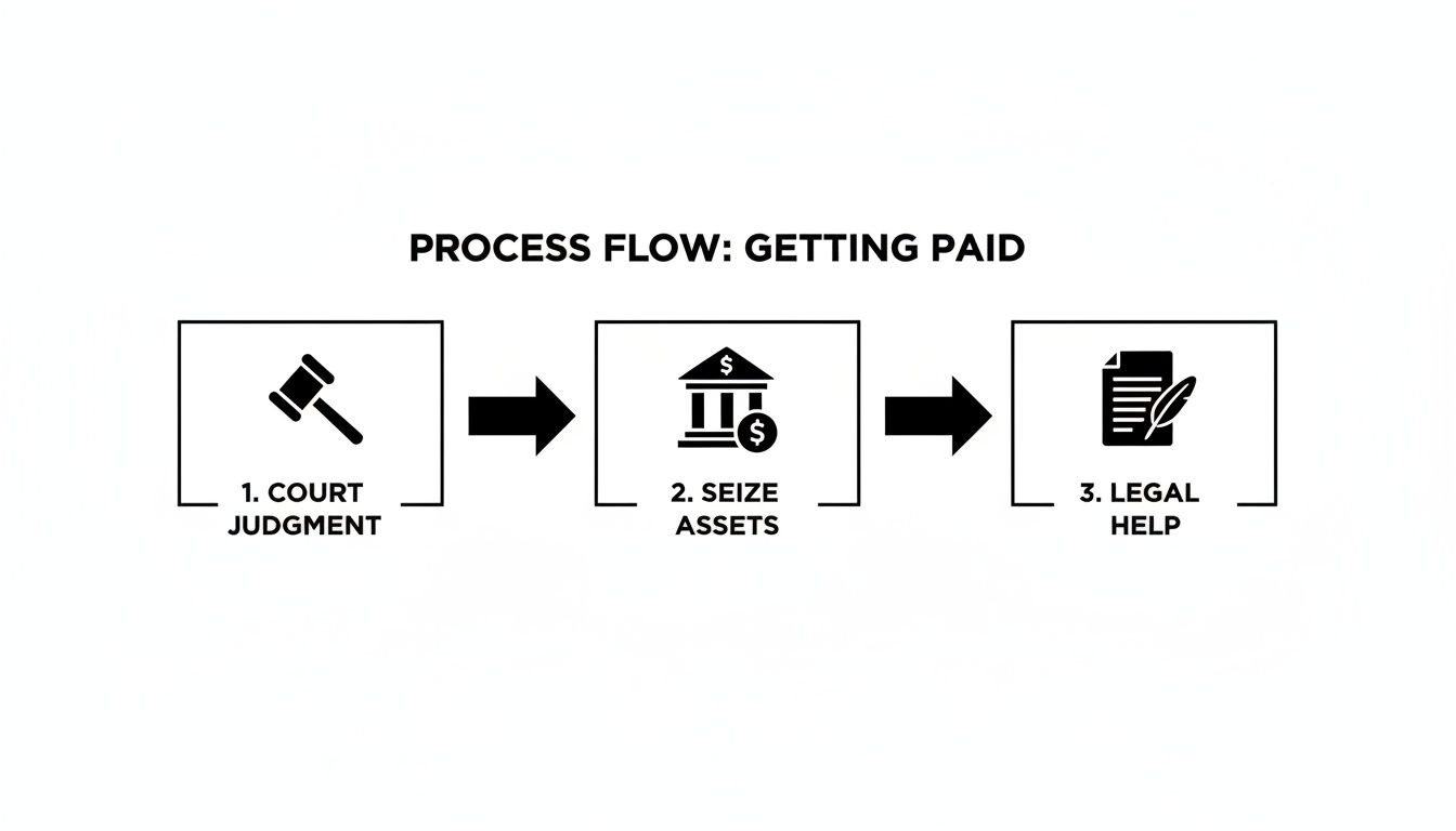 Process flow showing steps to get paid: court judgment, seize assets, and legal help.