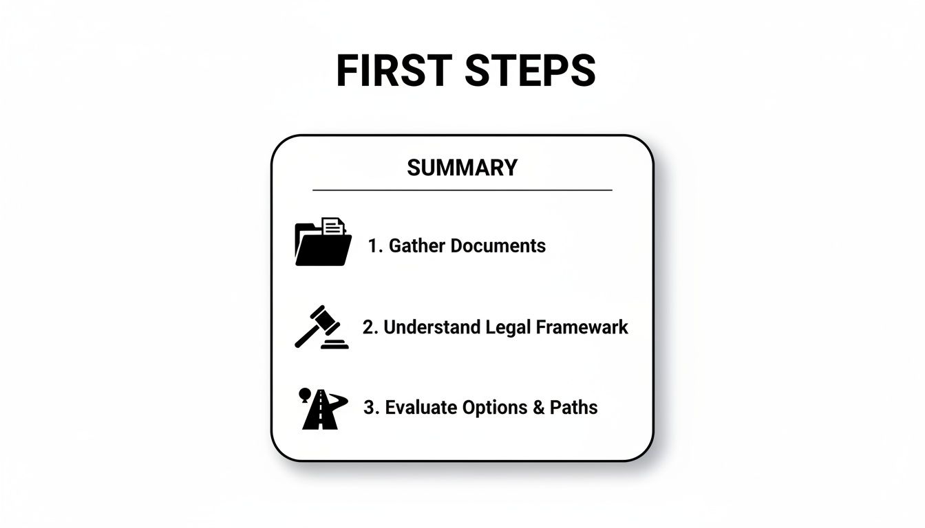 An infographic titled ‘FIRST STEPS’ with a summary of three key steps: gather documents, understand legal framework, and evaluate options.
