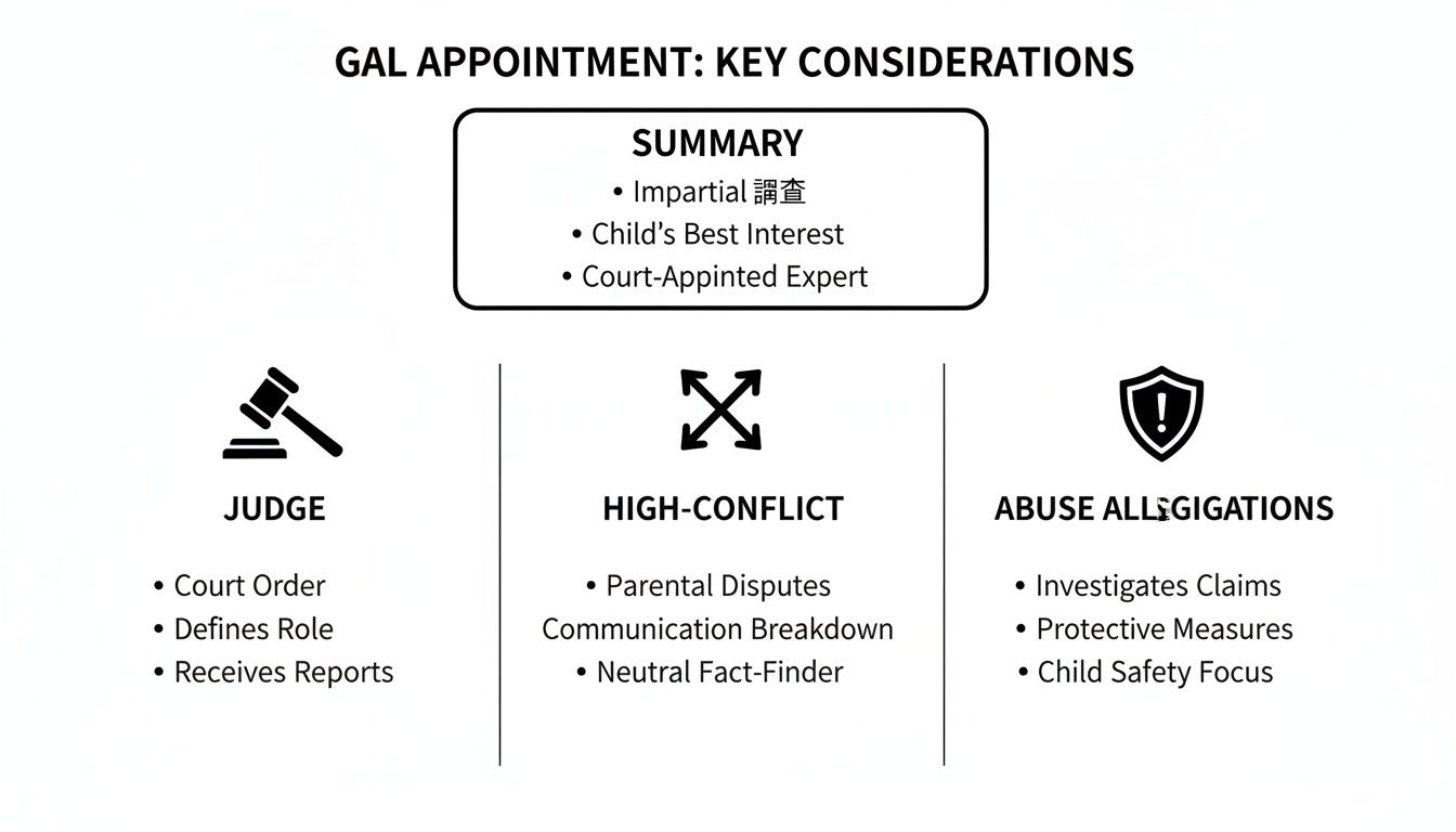 Diagram outlining key considerations for Guardian Ad Litem (GAL) appointments in legal cases.