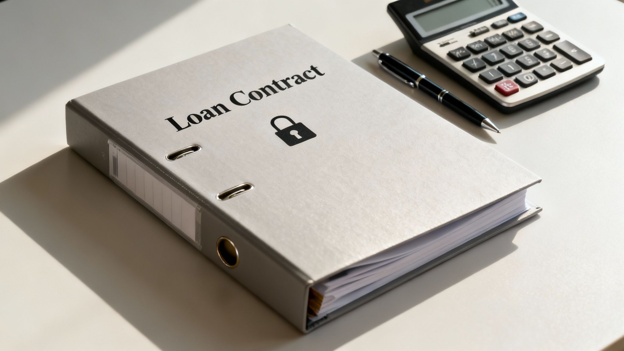 A grey binder labeled 'Loan Contract' with a padlock, a pen, and a calculator on a white desk.