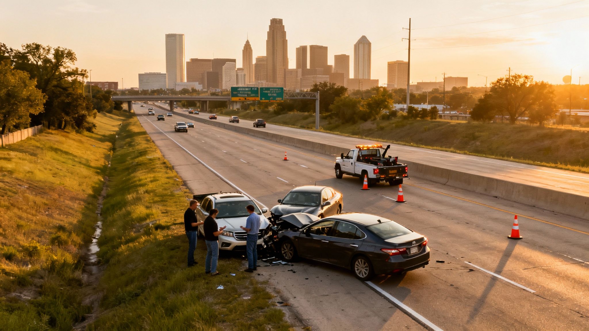 A multi-car accident on a highway with a tow truck, people, and a city skyline at sunset.