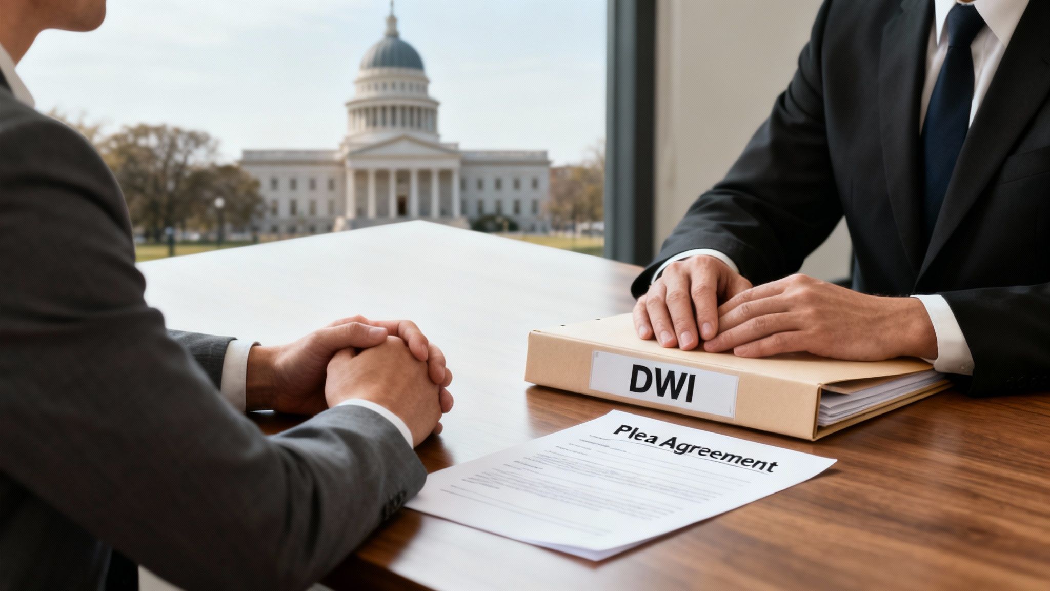 DWI plea agreement discussion between lawyer and client at a table, with a courthouse visible in the background, highlighting legal strategy for DWI charges.