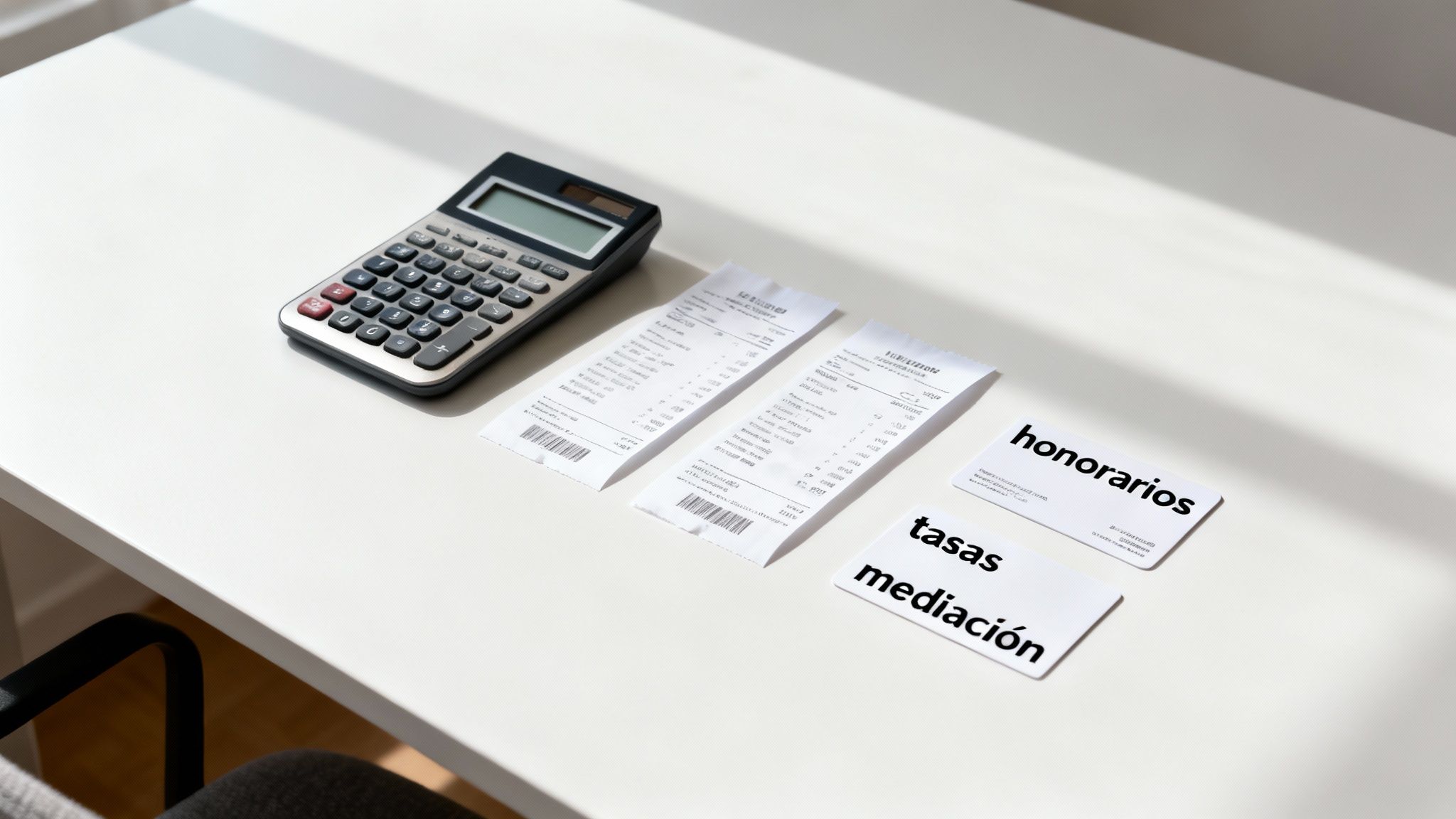 Calculadora y documentos con etiquetas de honorarios, tasas y mediación para calcular costos de divorcio