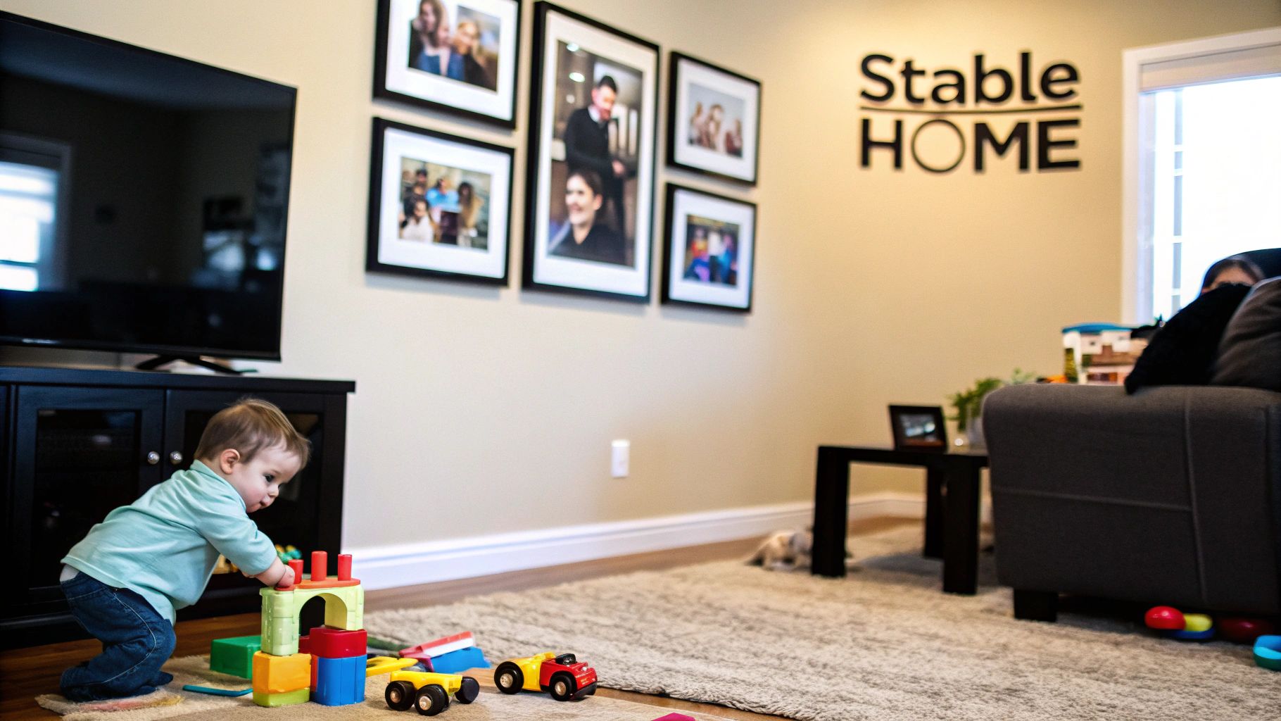 A child's neatly organized bedroom, with a desk for homework and shelves of books, representing a stable and supportive home environment.