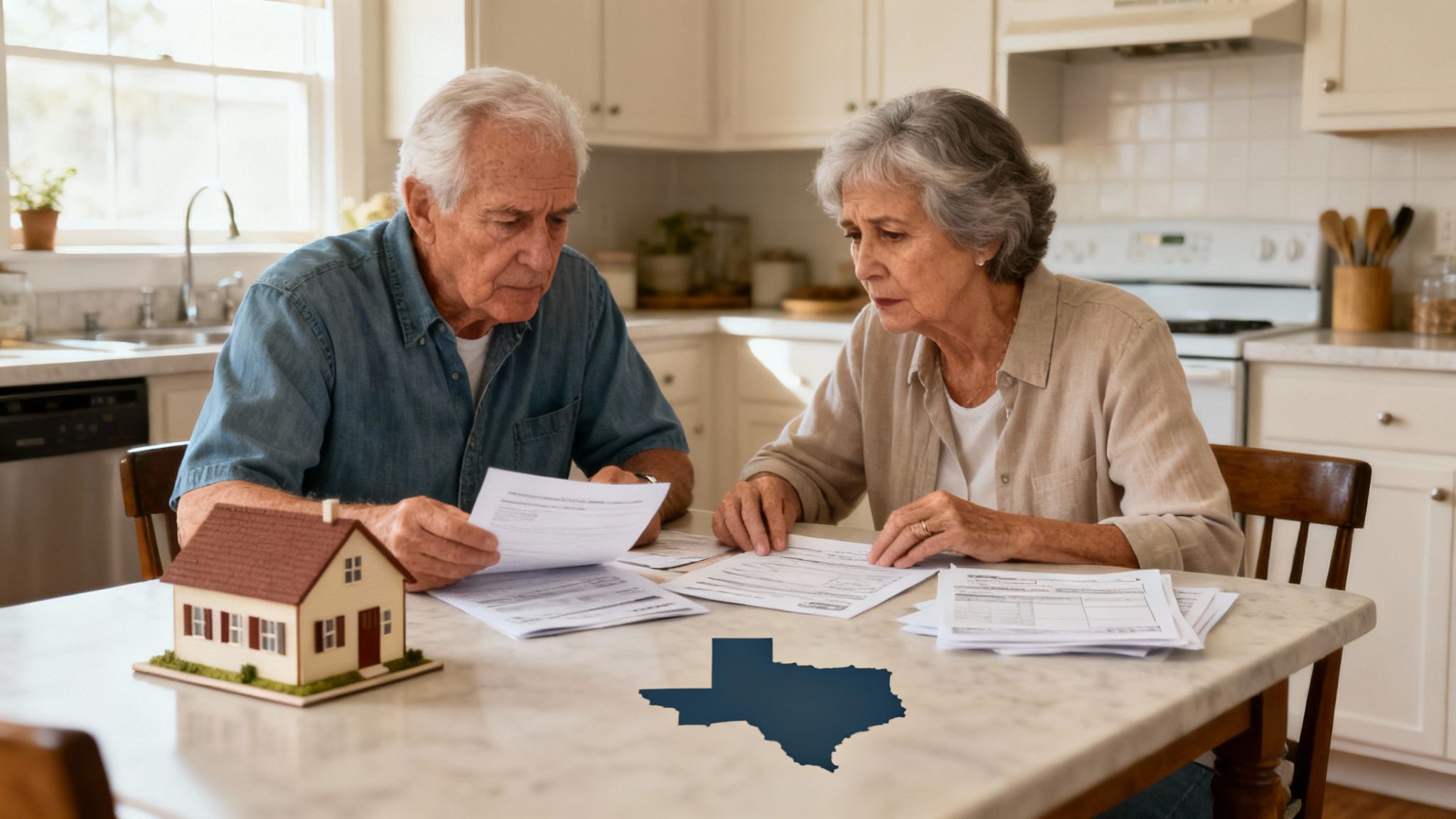 Concerned elderly couple reviews financial documents at a table with a model house and Texas map.
