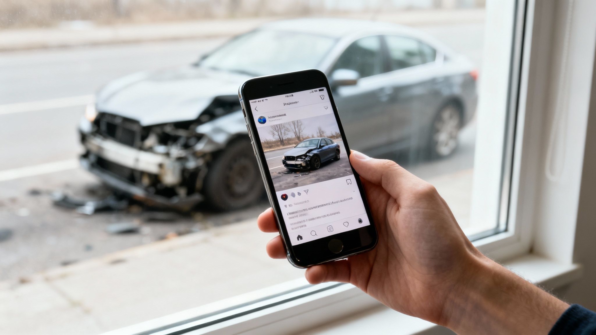 A person holds a phone displaying a crashed car social media post, mirroring a real crashed car visible outside.