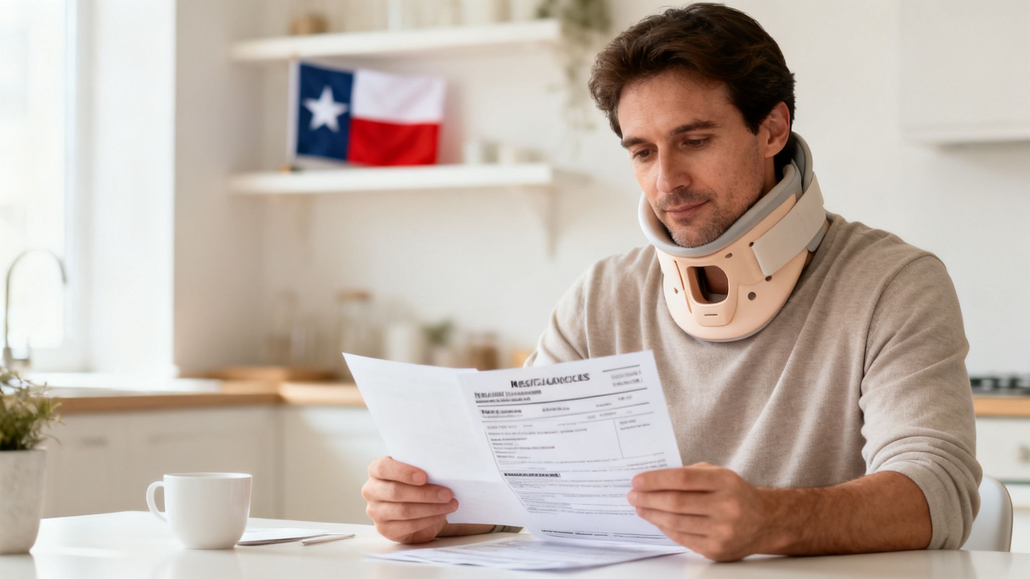 A man in a neck brace reads important documents at a table, with a Texas flag in the background.